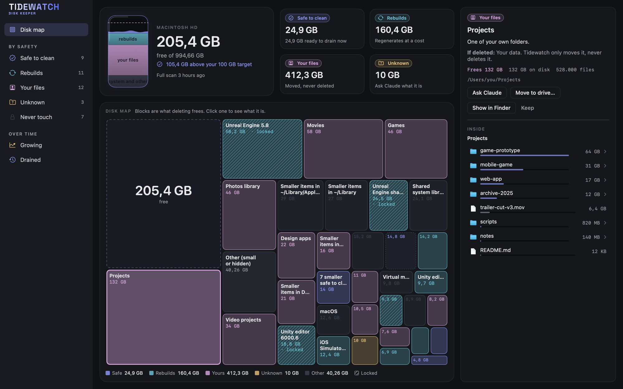 Disk map: Real folders as blocks, sized by what deleting would actually free. Locked blocks are in use; click one to see what's inside.