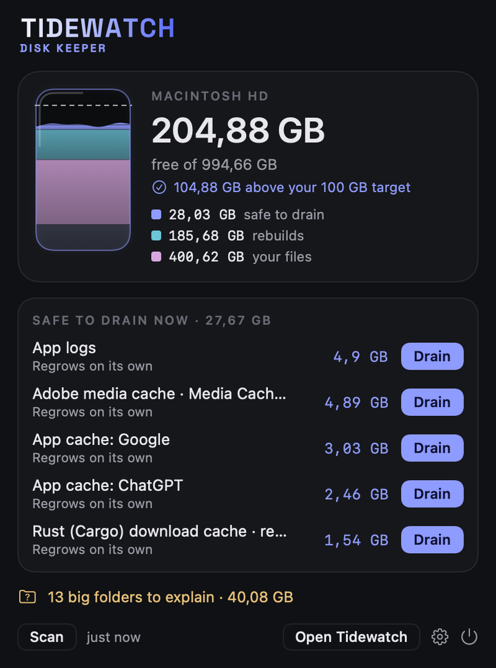 Menu bar: Free space against your target, and what's safe to drain right now.